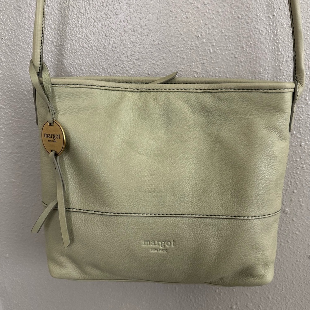 Margot New York Pale Green Leather Shoulder Bag with Logo Charm